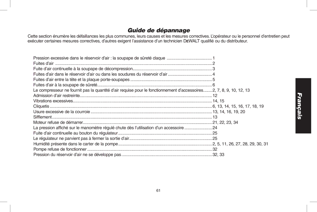 DeWalt D55690, D55695 instruction manual Guide de dépannage, Problème Code, 13, 14, 16, 19, Sifflement 