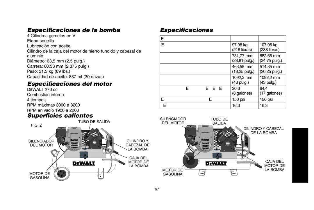 DeWalt D55690, D55695 instruction manual Especificaciones de la bomba, Especificaciones del motor, Superficies calientes 