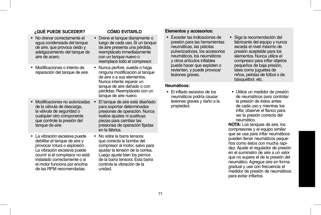 DeWalt D55690, D55695 instruction manual ¿Qué puede suceder?, Elementos y accesorios, Neumáticos 