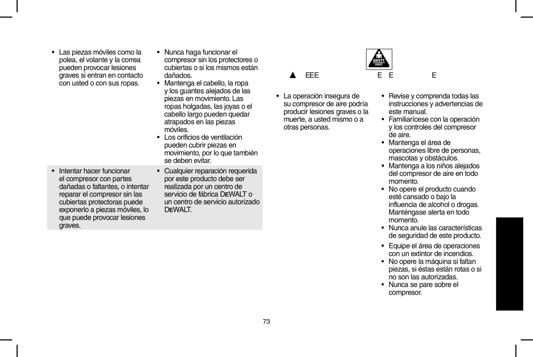 DeWalt D55690, D55695 instruction manual Advertencia Riesgo de operación insegura 