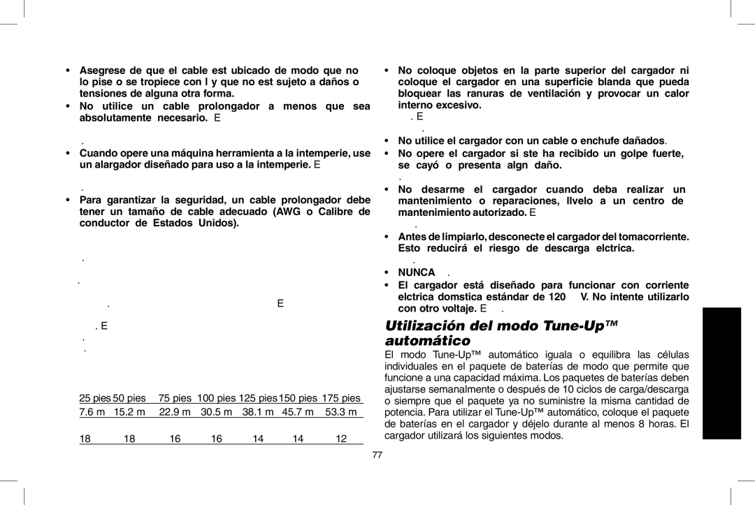 DeWalt D55690, D55695 instruction manual Utilización del modo Tune-Up automático, Pies 50 pies, Tamaño AWG del conductor 