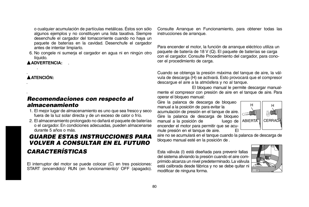 DeWalt D55695 Recomendaciones con respecto al almacenamiento, Características, Arranque Eléctrico, Válvula DE Seguridad 