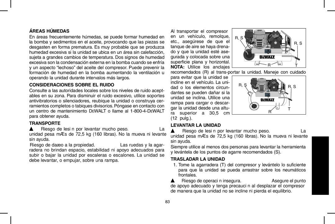 DeWalt D55690, D55695 Áreas húmedas, Consideraciones sobre el ruido, Transporte, Levantar la unidad, Trasladar LA Unidad 