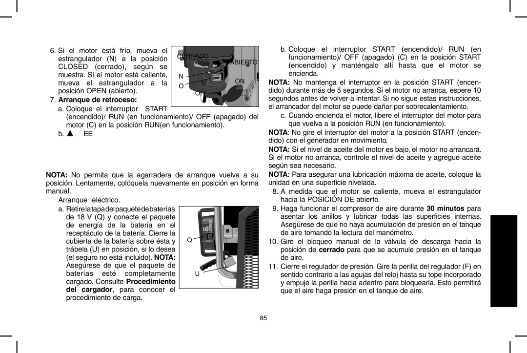 DeWalt D55690, D55695 instruction manual Arranque de retroceso, Arranque eléctrico 