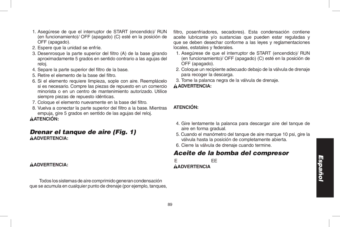 DeWalt D55690, D55695 instruction manual Drenar el tanque de aire Fig, Aceite de la bomba del compresor, Controlar el aceite 