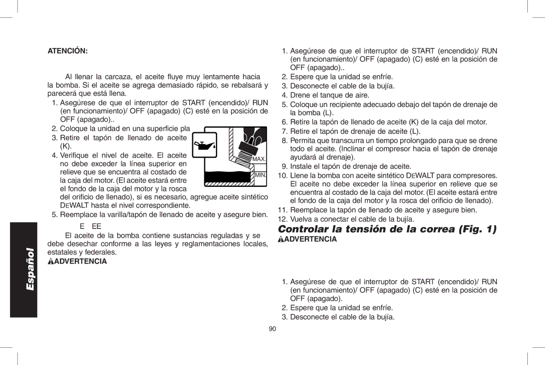 DeWalt D55695, D55690 instruction manual Controlar la tensión de la correa Fig, Cambio de aceite 