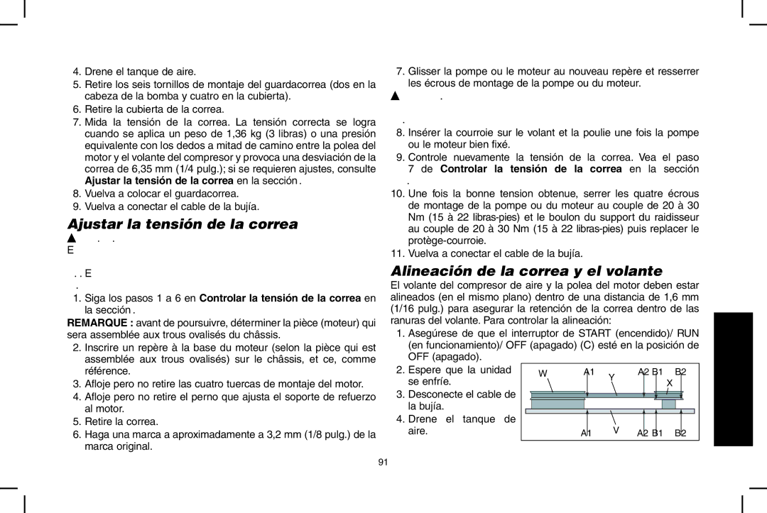 DeWalt D55690 Ajustar la tensión de la correa, Alineación de la correa y el volante, OFF apagado Espere que la unidad 