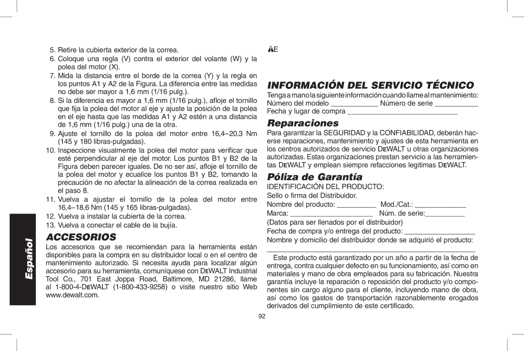 DeWalt D55695, D55690 instruction manual Accesorios, Información del servicio técnico, Reparaciones, Póliza de Garantía 