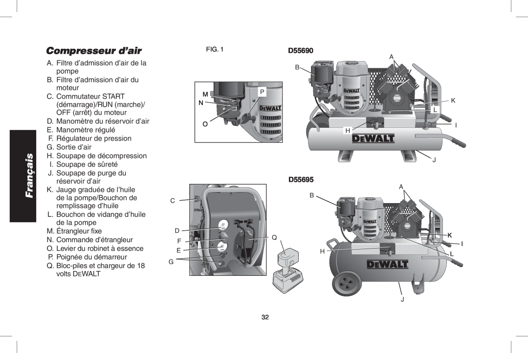 DeWalt D55695, D55690 instruction manual Compresseur d’air, Français 