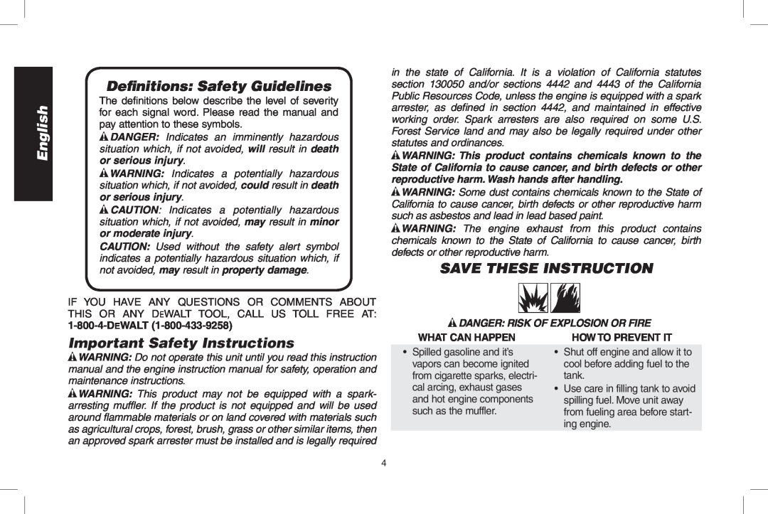 DeWalt D55695 English, Definitions Safety Guidelines, Important Safety Instructions, Save these instruction, DeWALT 