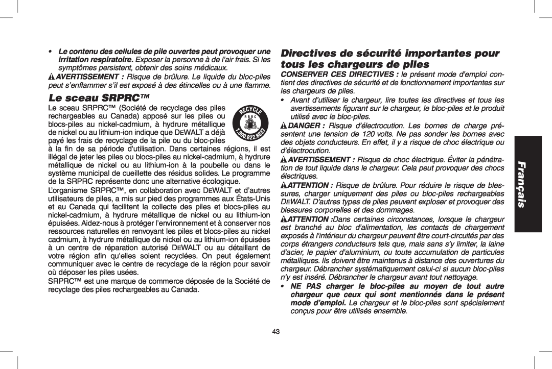 DeWalt D55690, D55695 Le sceau SRPRC, Directives de sécurité importantes pour tous les chargeurs de piles, Français 