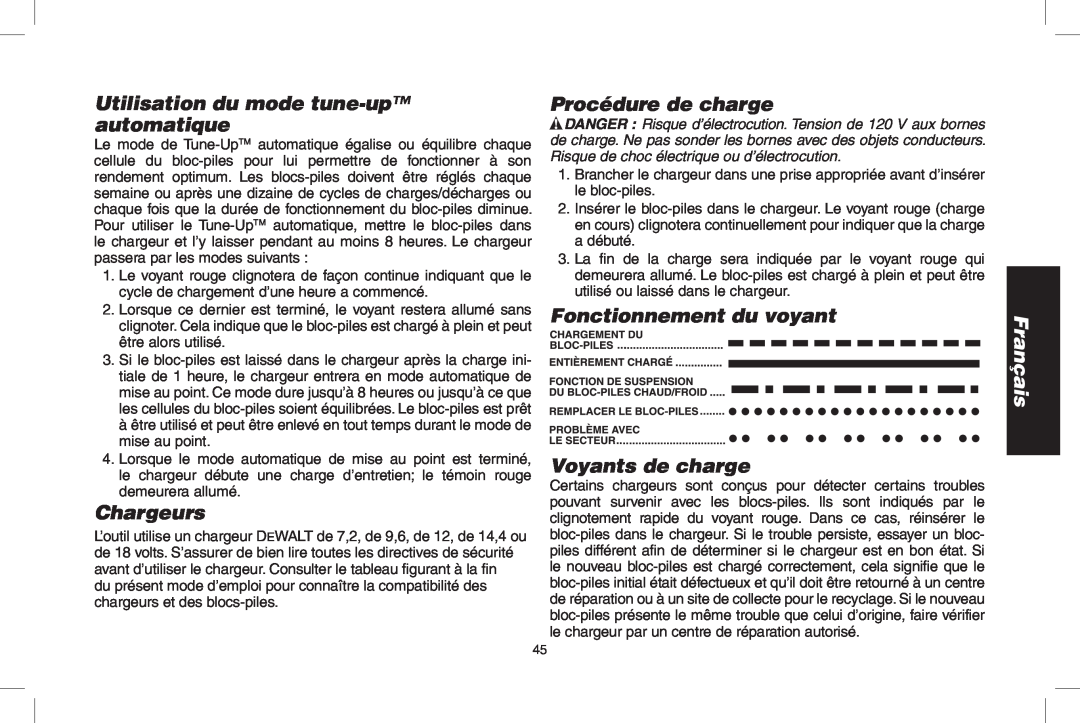 DeWalt D55690, D55695 instruction manual Utilisation du mode tune-up automatique, Chargeurs, Procédure de charge, Français 