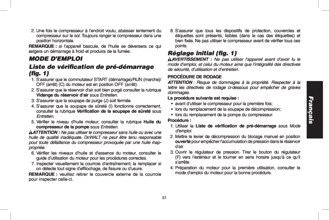 DeWalt D55690 Mode d’emploi Liste de vérification de pré-démarrage fig, Réglage initial fig, Français, Procédure de rodage 