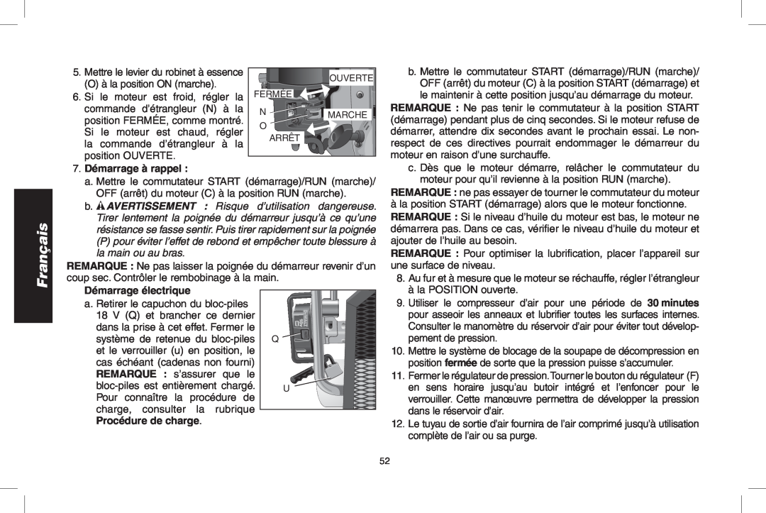 DeWalt D55695, D55690 instruction manual Français, 7. Démarrage à rappel, Démarrage électrique 