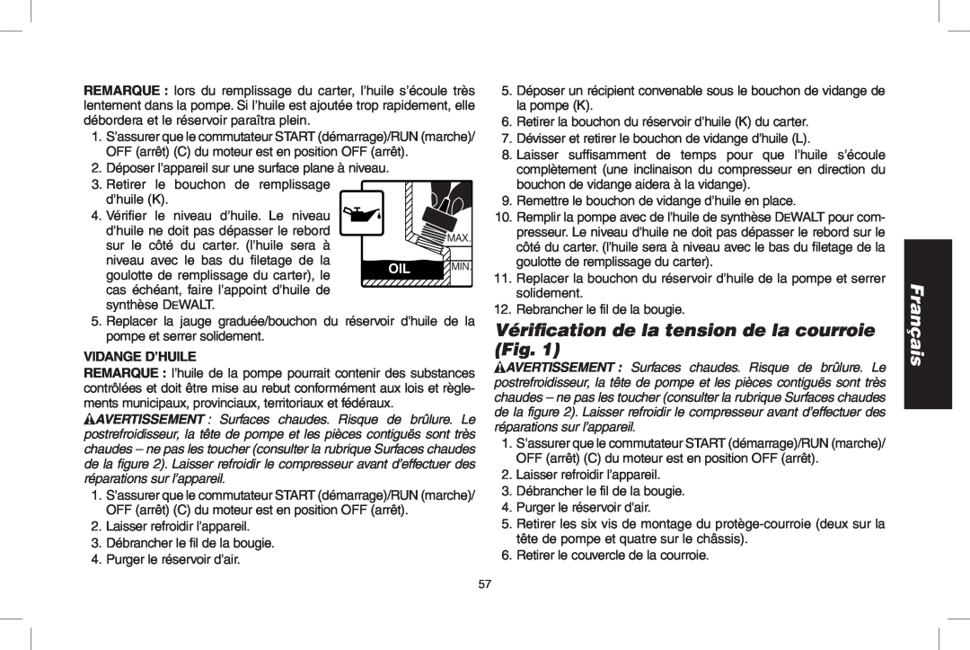 DeWalt D55690, D55695 instruction manual Vérification de la tension de la courroie Fig, Français, oil Min, Vidange d’huile 