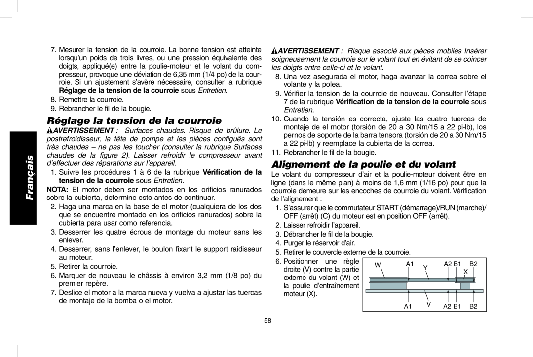 DeWalt D55695, D55690 instruction manual Français, Réglage la tension de la courroie, Alignement de la poulie et du volant 