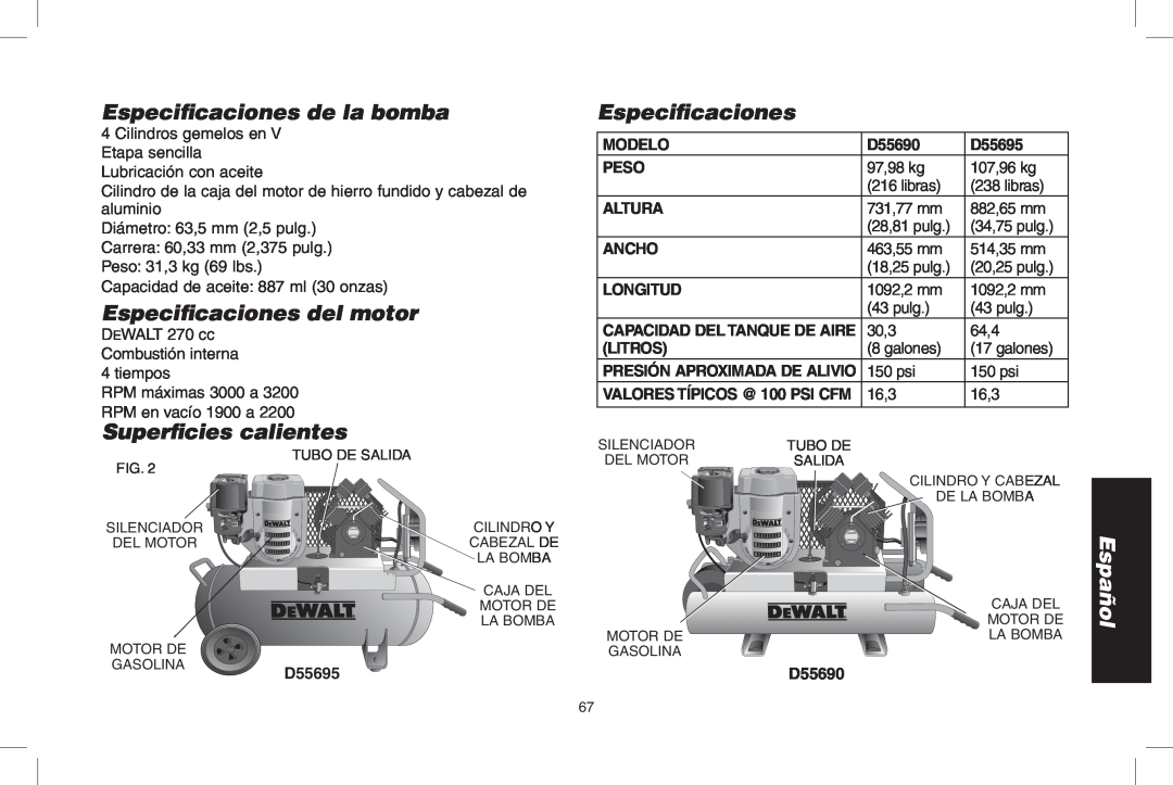 DeWalt D55690 Especificaciones de la bomba, Especificaciones del motor, Superficies calientes, Español, D55695, Modelo 