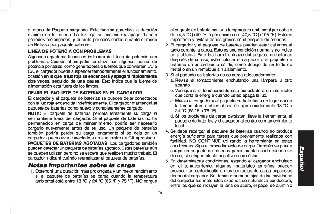DeWalt D55690, D55695 instruction manual Notas importantes sobre la carga, Español, Línea de potencia con problemas 