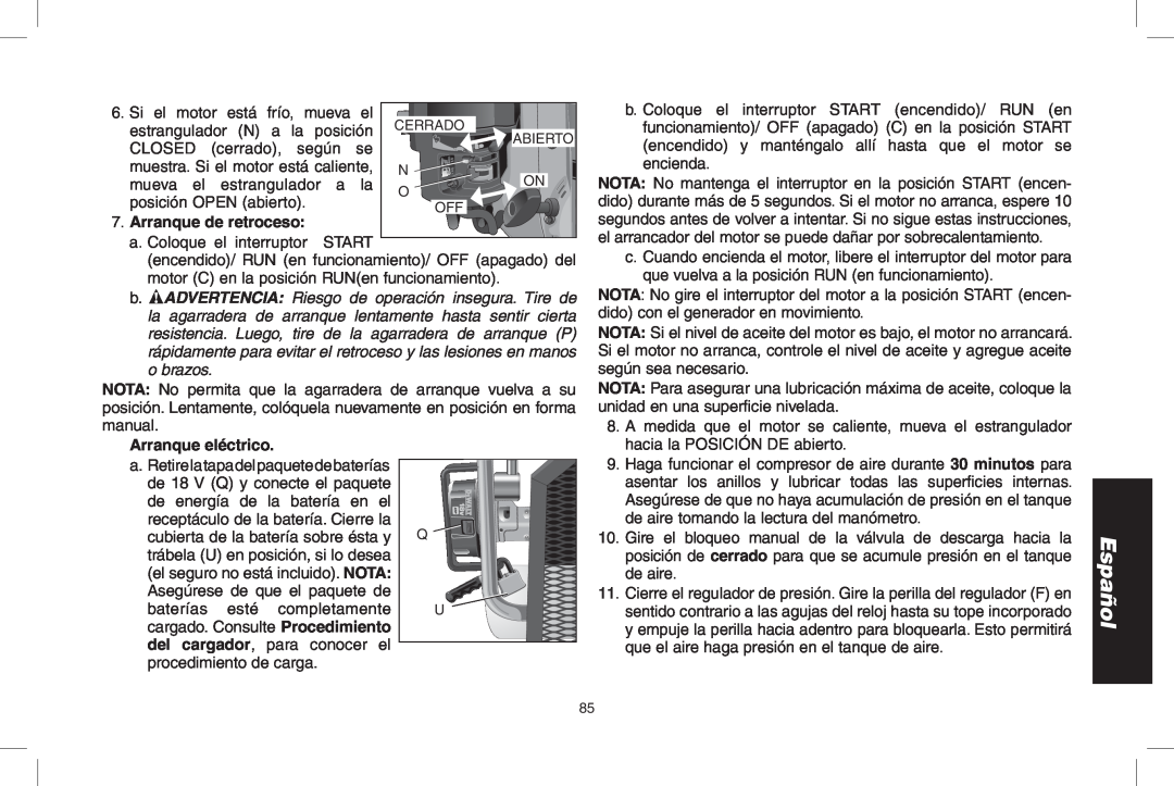 DeWalt D55690, D55695 instruction manual Español, Arranque de retroceso, Arranque eléctrico 