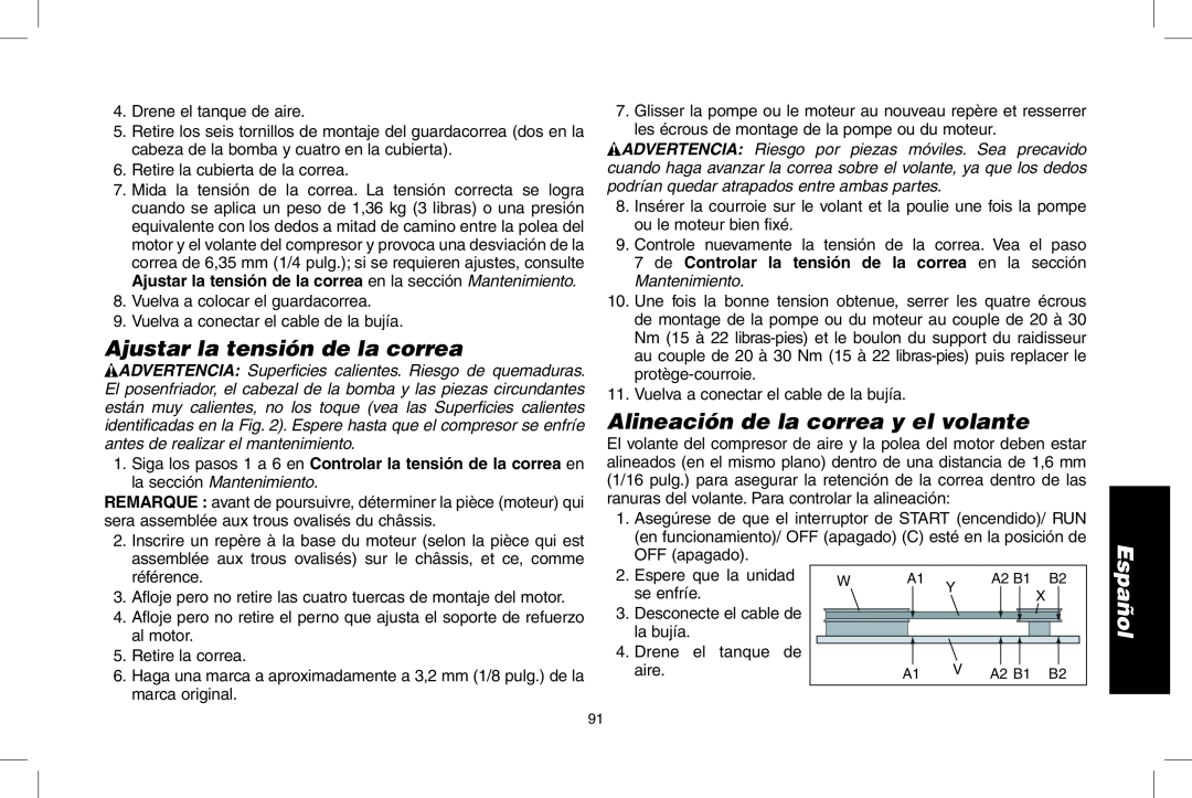 DeWalt D55690, D55695 instruction manual Ajustar la tensión de la correa, Alineación de la correa y el volante, Español 