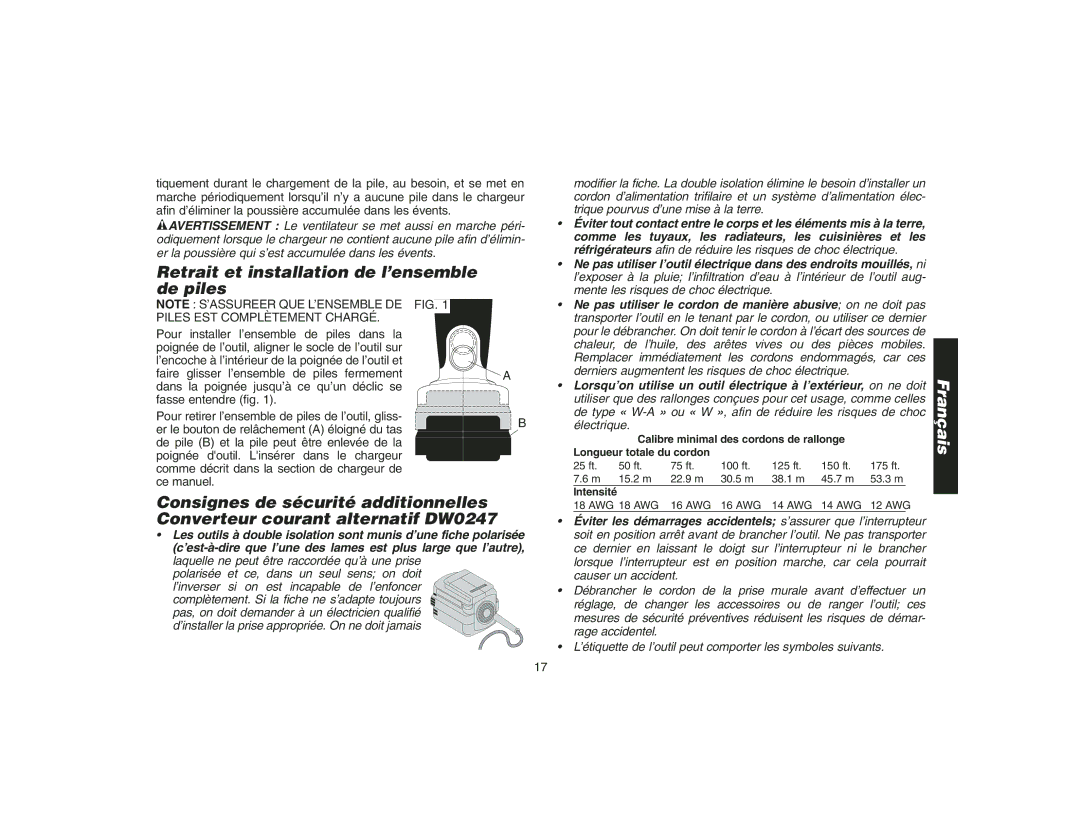 DeWalt DW9107, DC011, DW9106, DW9216 Retrait et installation de l’ensemble de piles, Mente les risques de choc électrique 