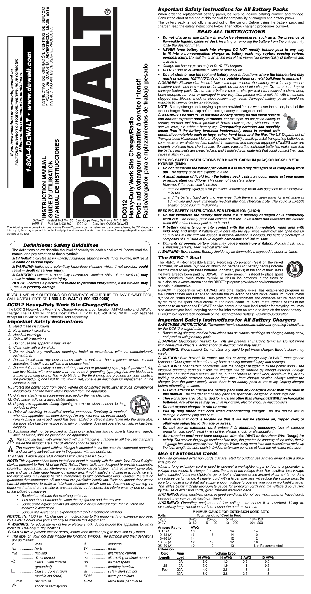 DeWalt DC012 important safety instructions Read ALL Instructions 