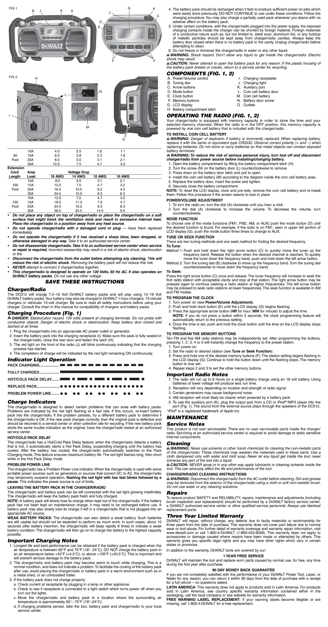 DeWalt DC012 important safety instructions Components, Operating the Radio, Maintenance 