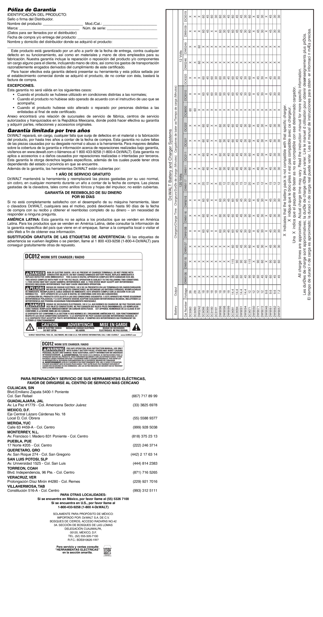 DeWalt DC012 important safety instructions Póliza de Garantía, Garantía limitada por tres años 