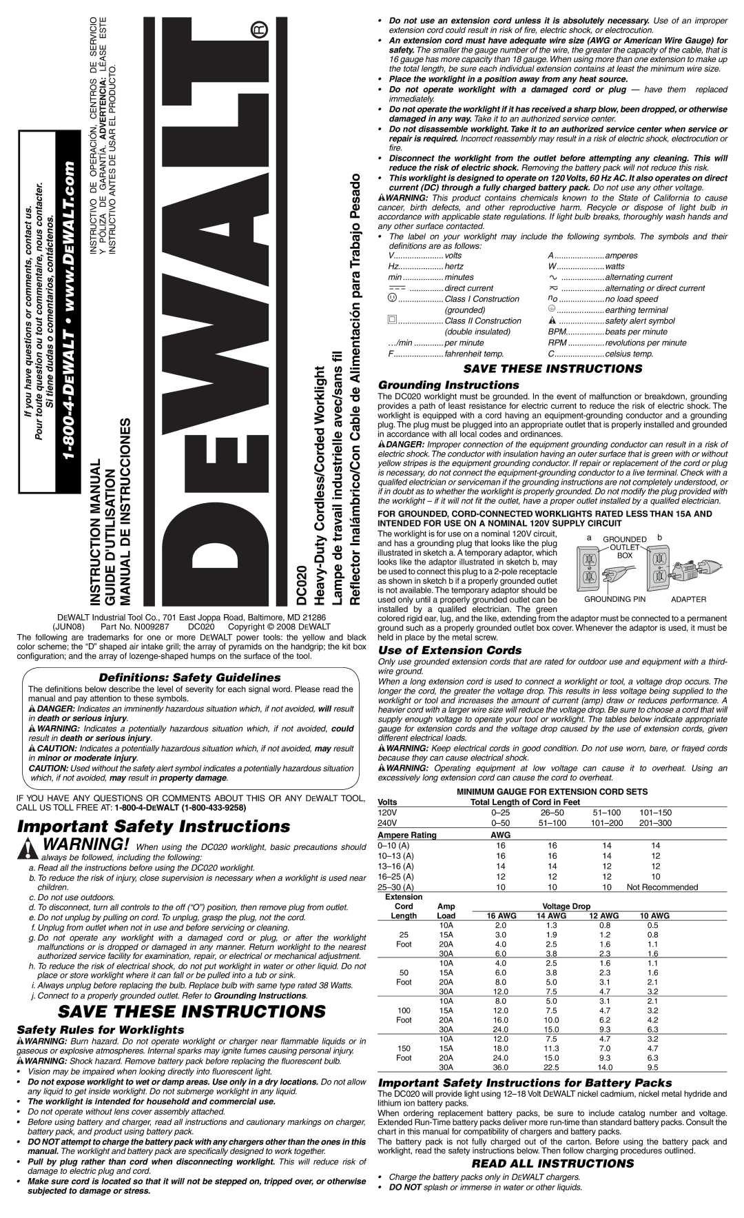 DeWalt DC020 important safety instructions Important Safety Instructions, Read ALL Instructions 