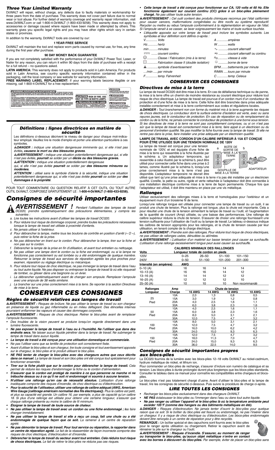 DeWalt DC020 Consignes de sécurité importantes, Conserver CES Consignes, Lire Toutes LES Consignes 