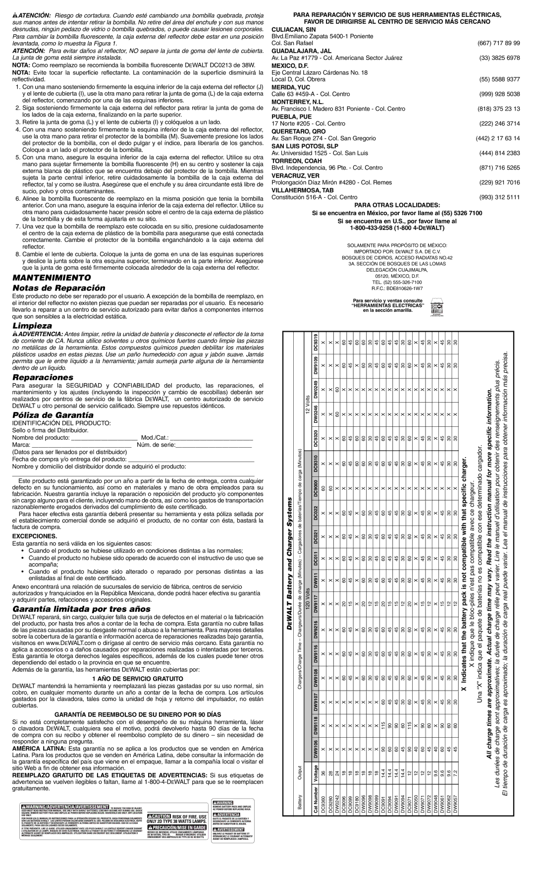 DeWalt DC020 important safety instructions Mantenimiento 