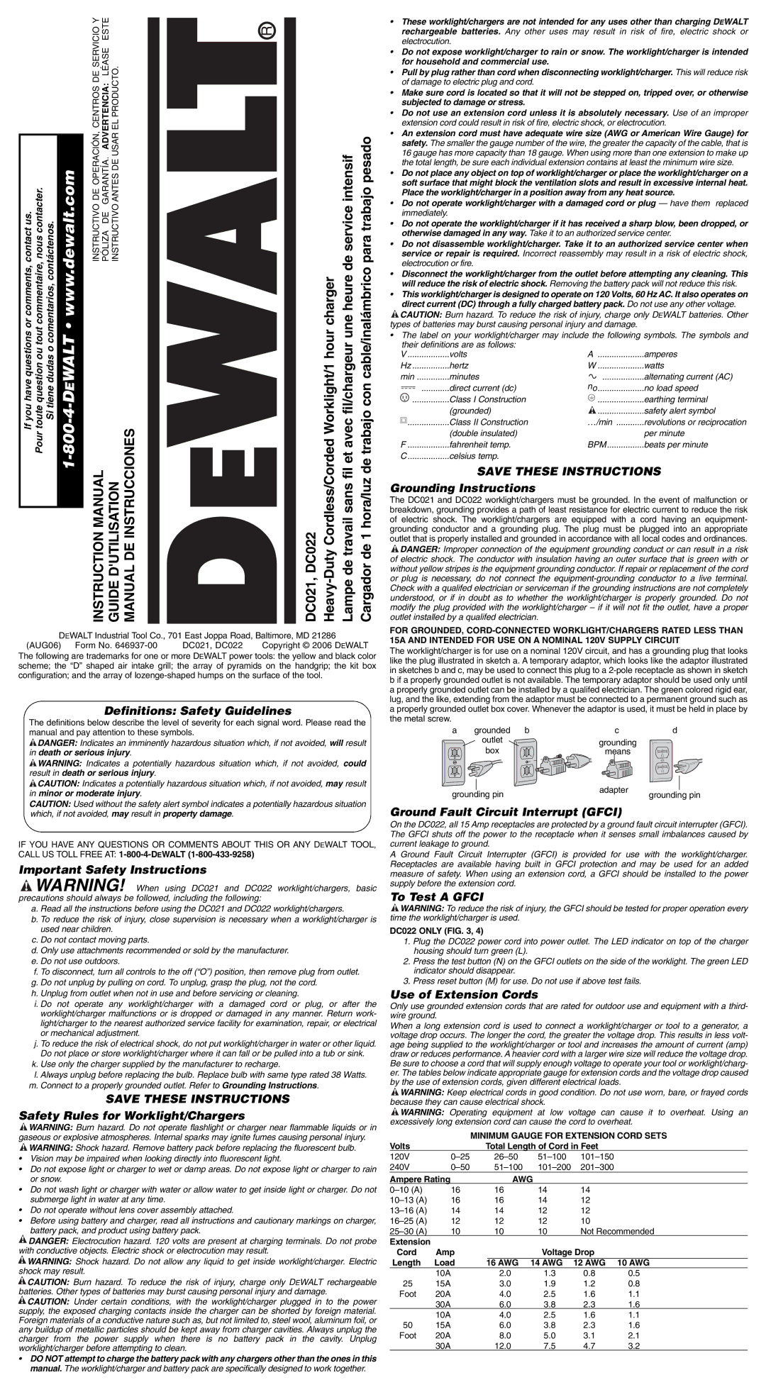 DeWalt DC022 important safety instructions Definitions Safety Guidelines, Important Safety Instructions, To Test a Gfci 