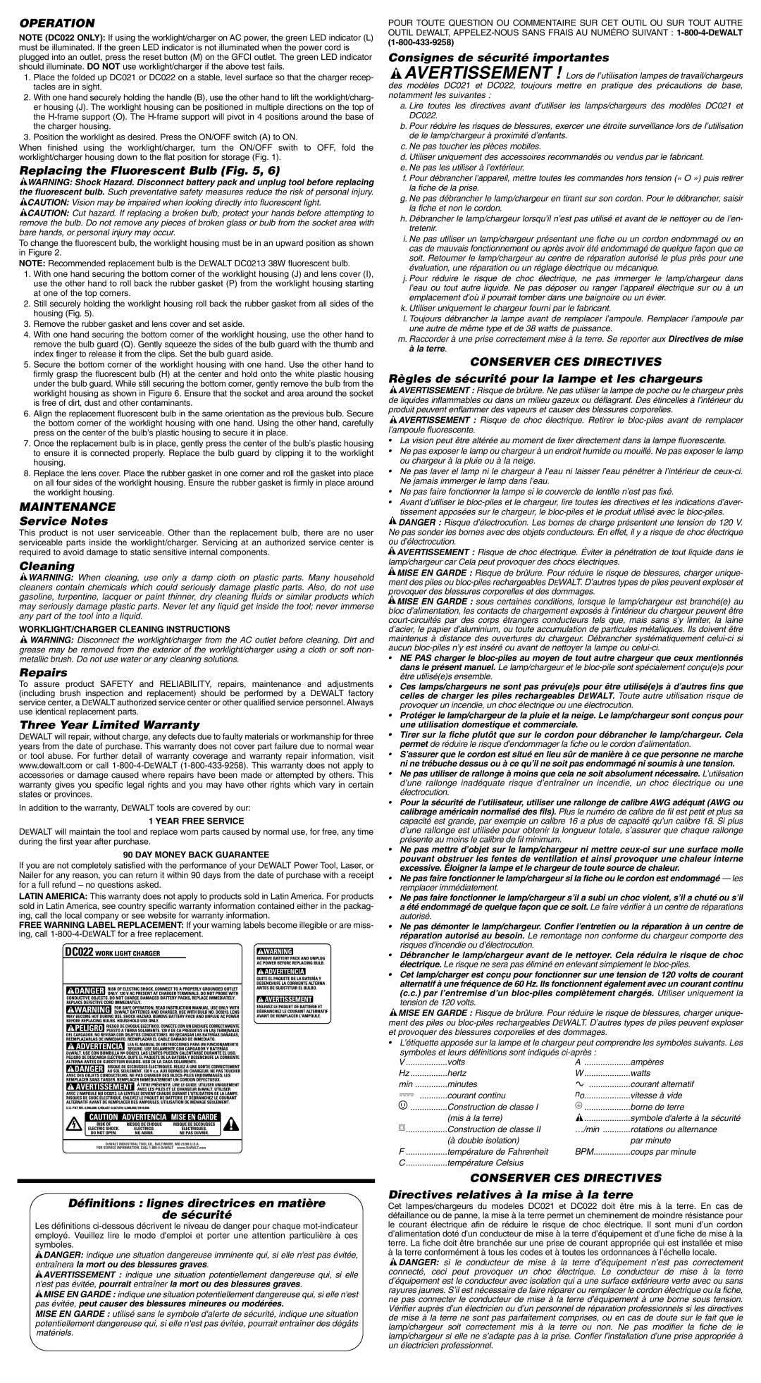 DeWalt DC022, DC021 important safety instructions Operation, Maintenance, Conserver CES Directives 