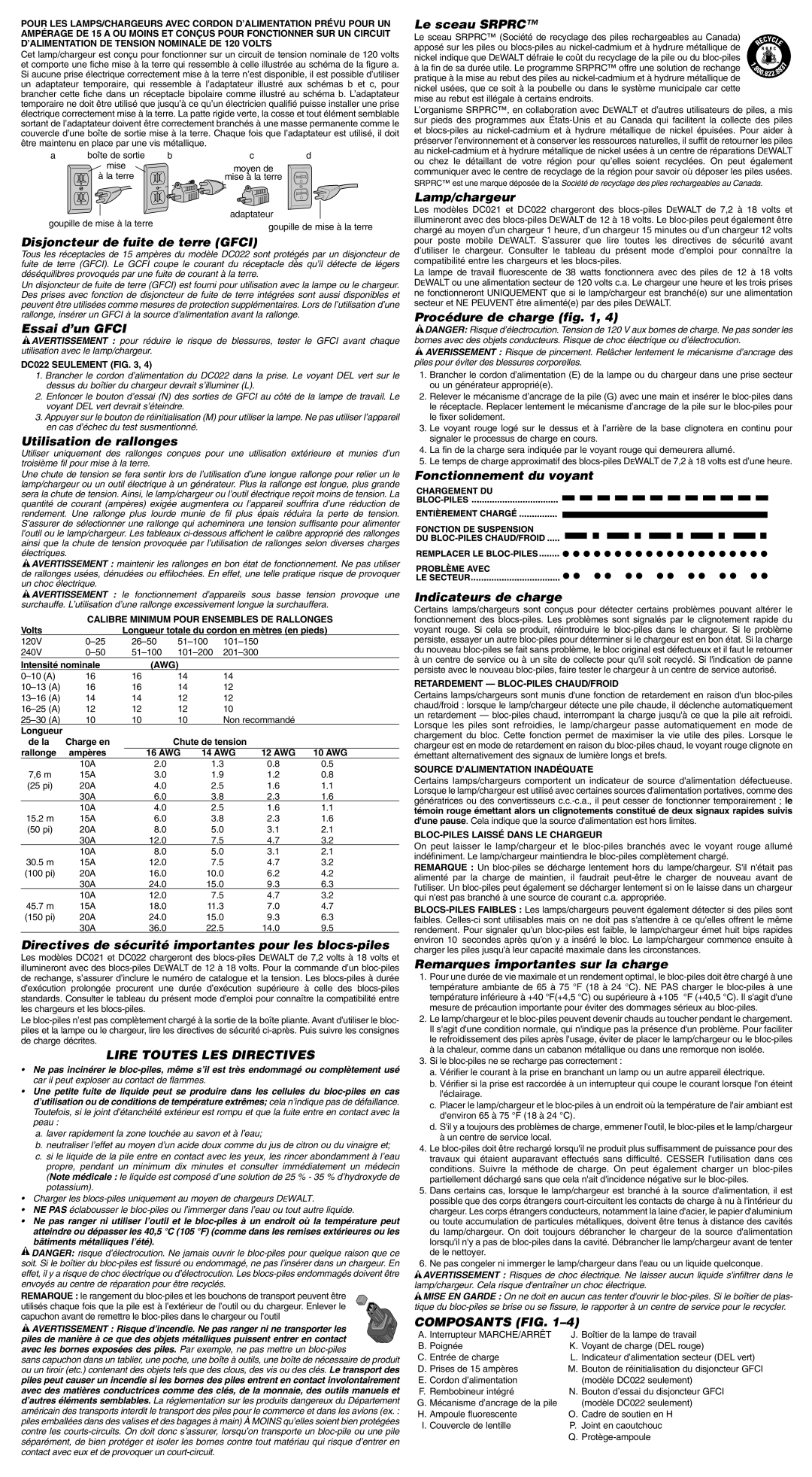 DeWalt DC021, DC022 important safety instructions Lire Toutes LES Directives, Composants FIG 