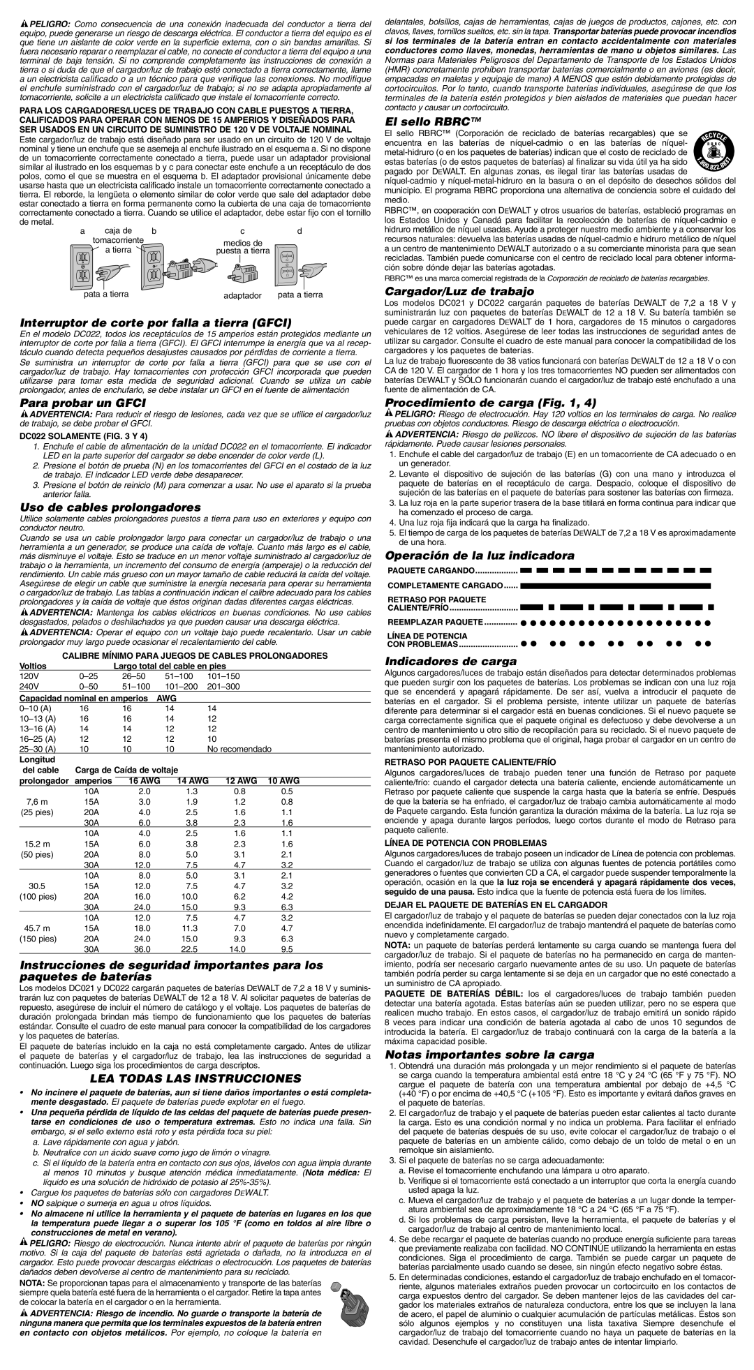 DeWalt DC021, DC022 important safety instructions LEA Todas LAS Instrucciones 