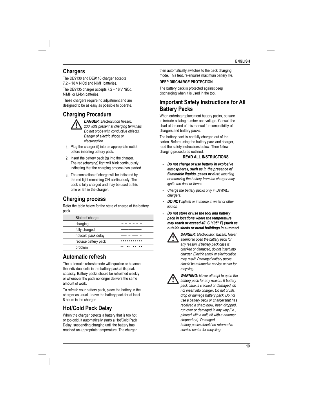 DeWalt DC730KAR manual Chargers, Charging Procedure, Charging process, Automatic refresh, Hot/Cold Pack Delay 