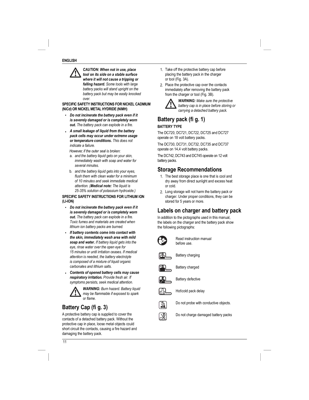 DeWalt DC730KAR manual Battery Cap fi g, Battery pack fi g, Storage Recommendations, Labels on charger and battery pack 