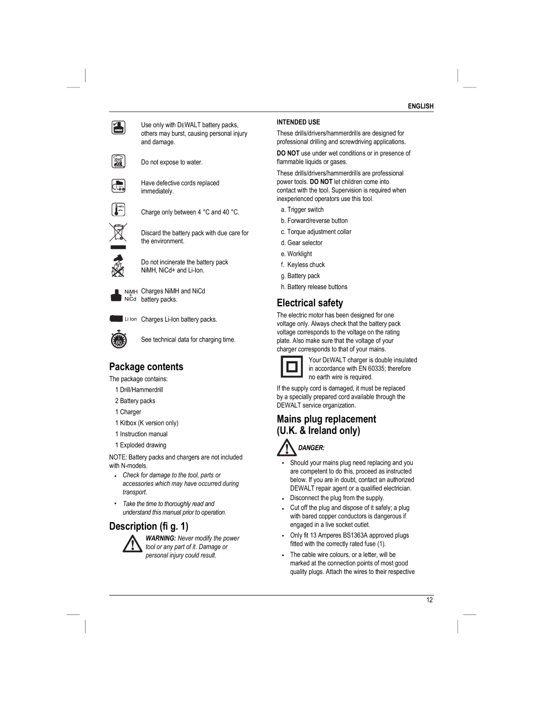 DeWalt DC730KAR manual Package contents, Description fi g, Electrical safety, Mains plug replacement U.K. & Ireland only 