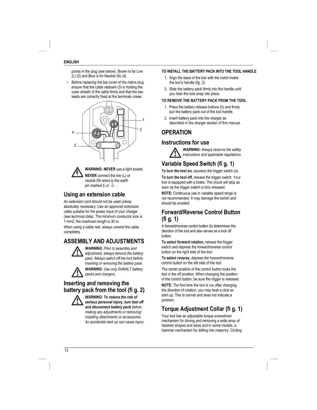 DeWalt DC730KAR Instructions for use, Using an extension cable, Variable Speed Switch fi g, Torque Adjustment Collar fi g 