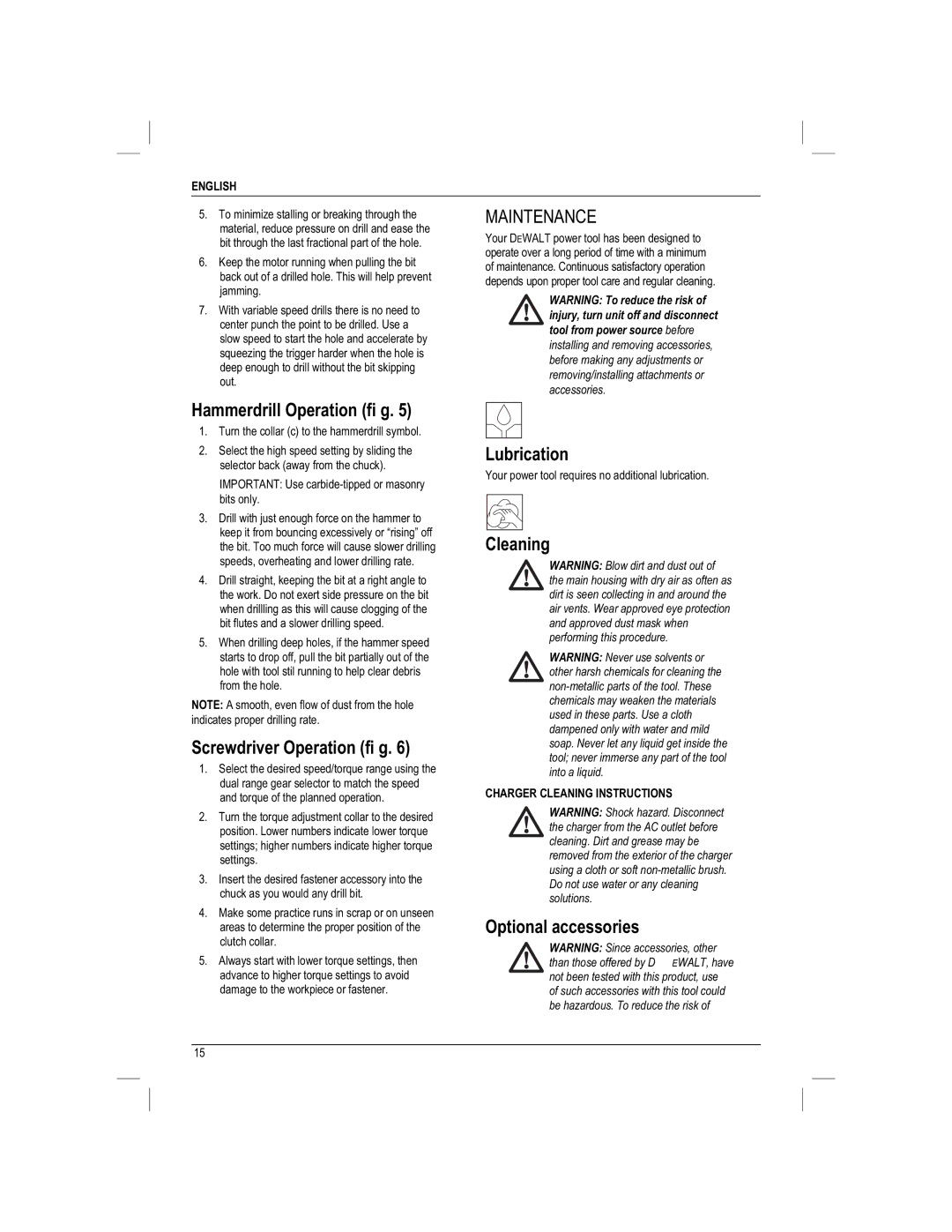 DeWalt DC730KAR manual Hammerdrill Operation fi g, Screwdriver Operation fi g, Lubrication, Cleaning, Optional accessories 