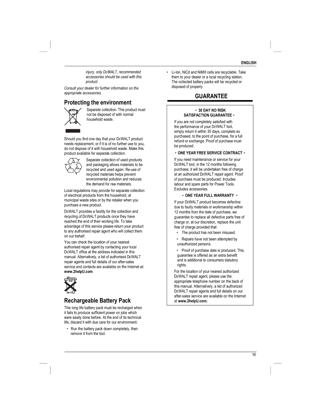 DeWalt DC730KAR manual Protecting the environment, Rechargeable Battery Pack, ONE Year Free Service Contract 