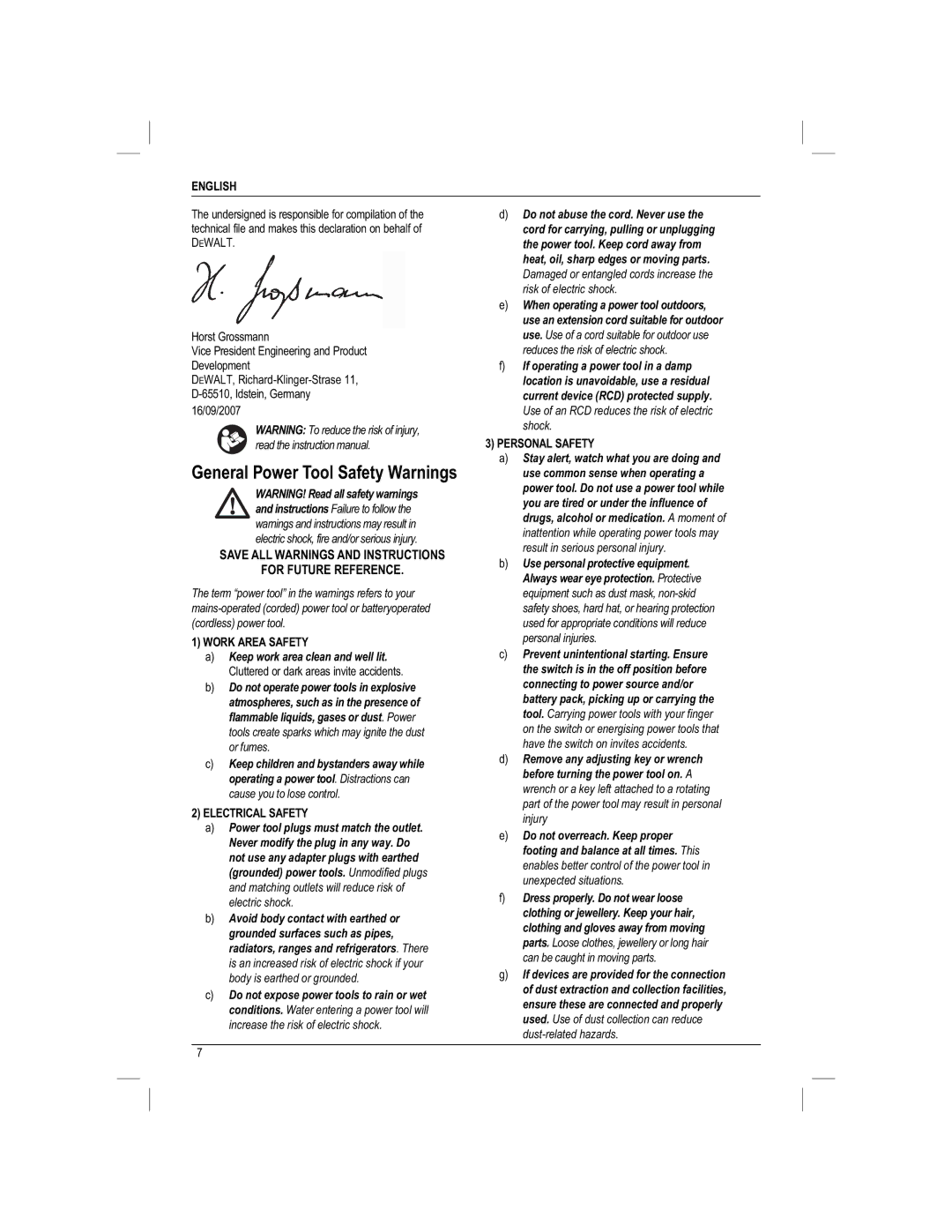 DeWalt DC730KAR manual General Power Tool Safety Warnings, Save ALL Warnings and Instructions For Future Reference 