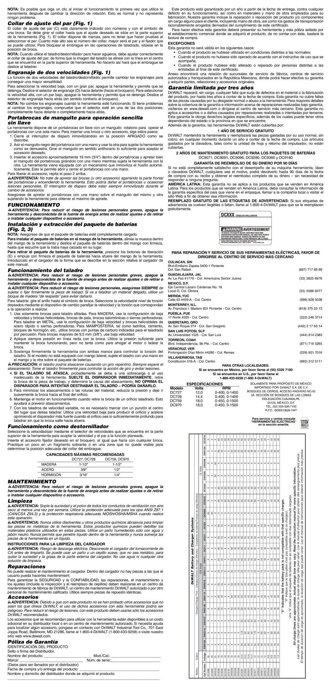 DeWalt DC970B, DC759KAR instruction manual Funcionamiento, Mantenimiento 