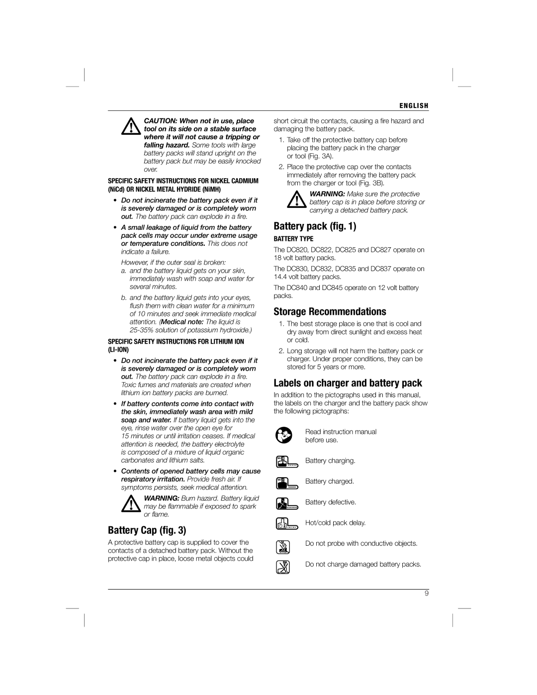 DeWalt DC825B manual Battery Cap ﬁg, Battery pack ﬁg, Storage Recommendations, Labels on charger and battery pack 