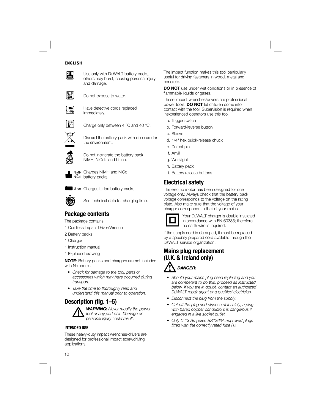 DeWalt DC825B manual Package contents, Description ﬁg, Electrical safety 