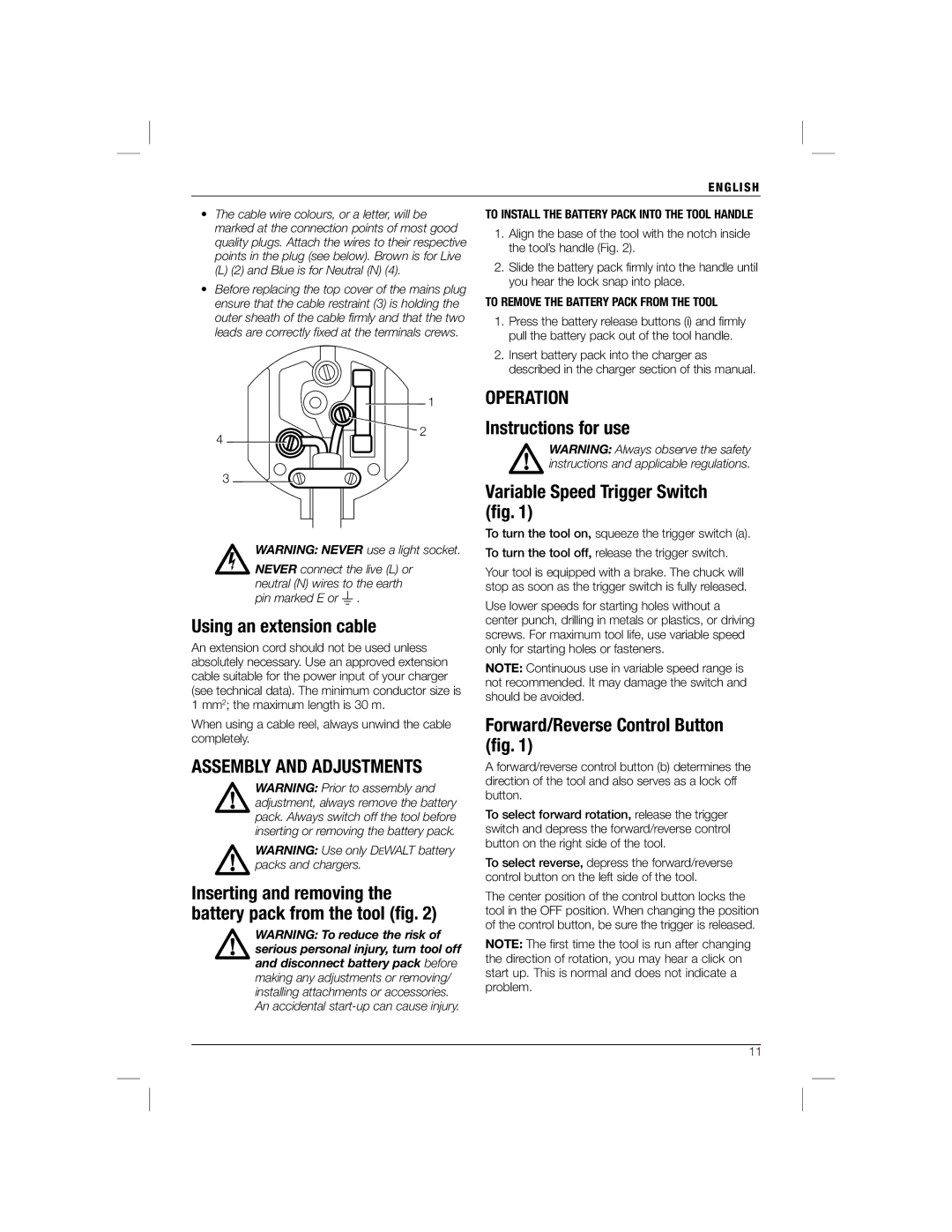 DeWalt DC825B manual Instructions for use, Using an extension cable, Variable Speed Trigger Switch ﬁg 