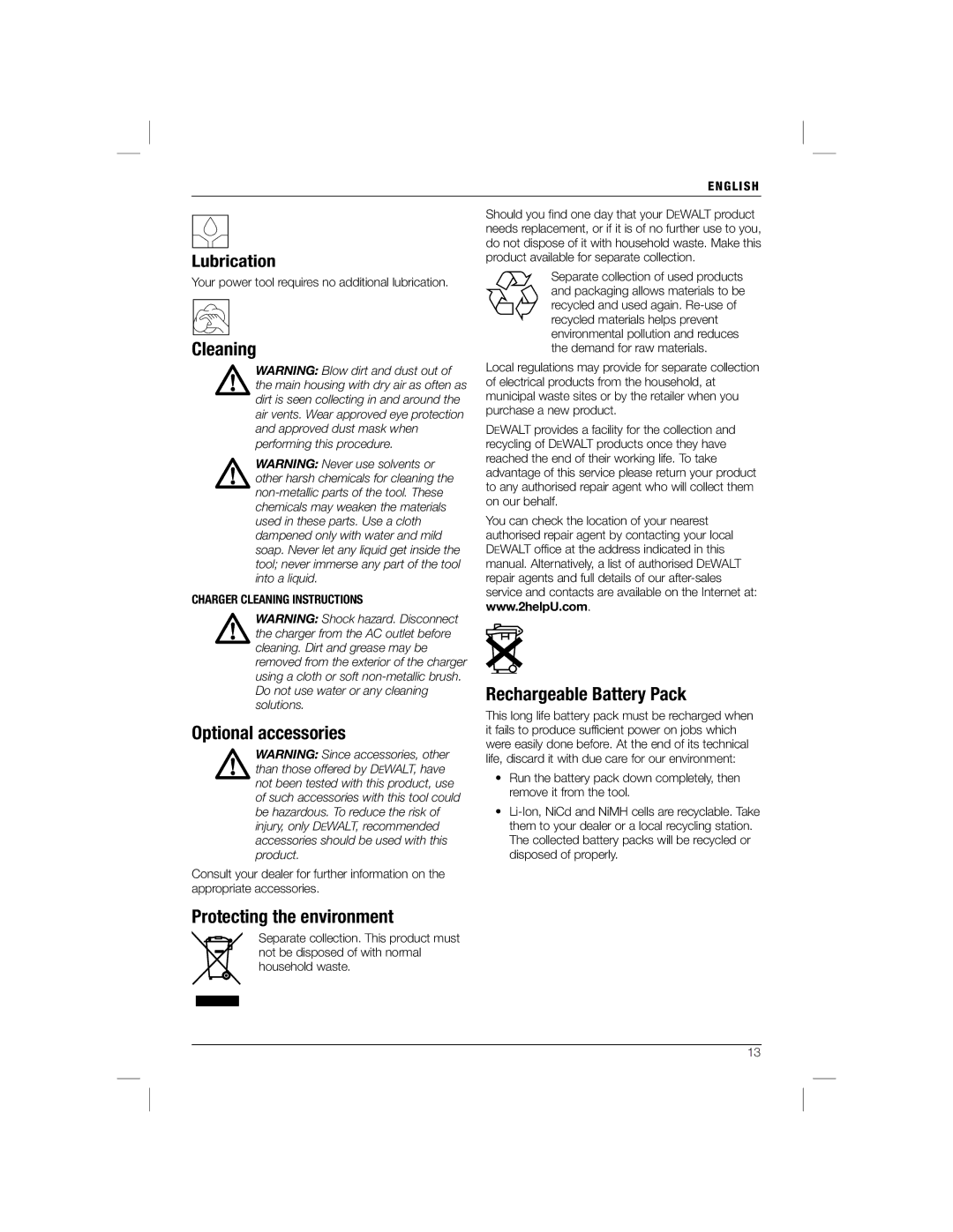 DeWalt DC825B manual Cleaning, Optional accessories, Protecting the environment, Rechargeable Battery Pack 