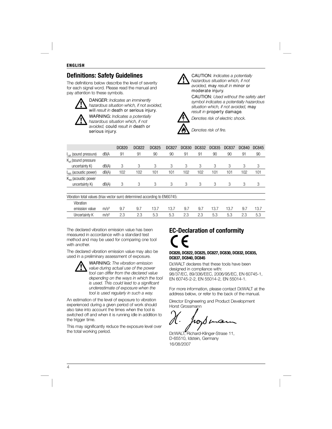 DeWalt DC825B manual Deﬁnitions Safety Guidelines, EC-Declaration of conformity 