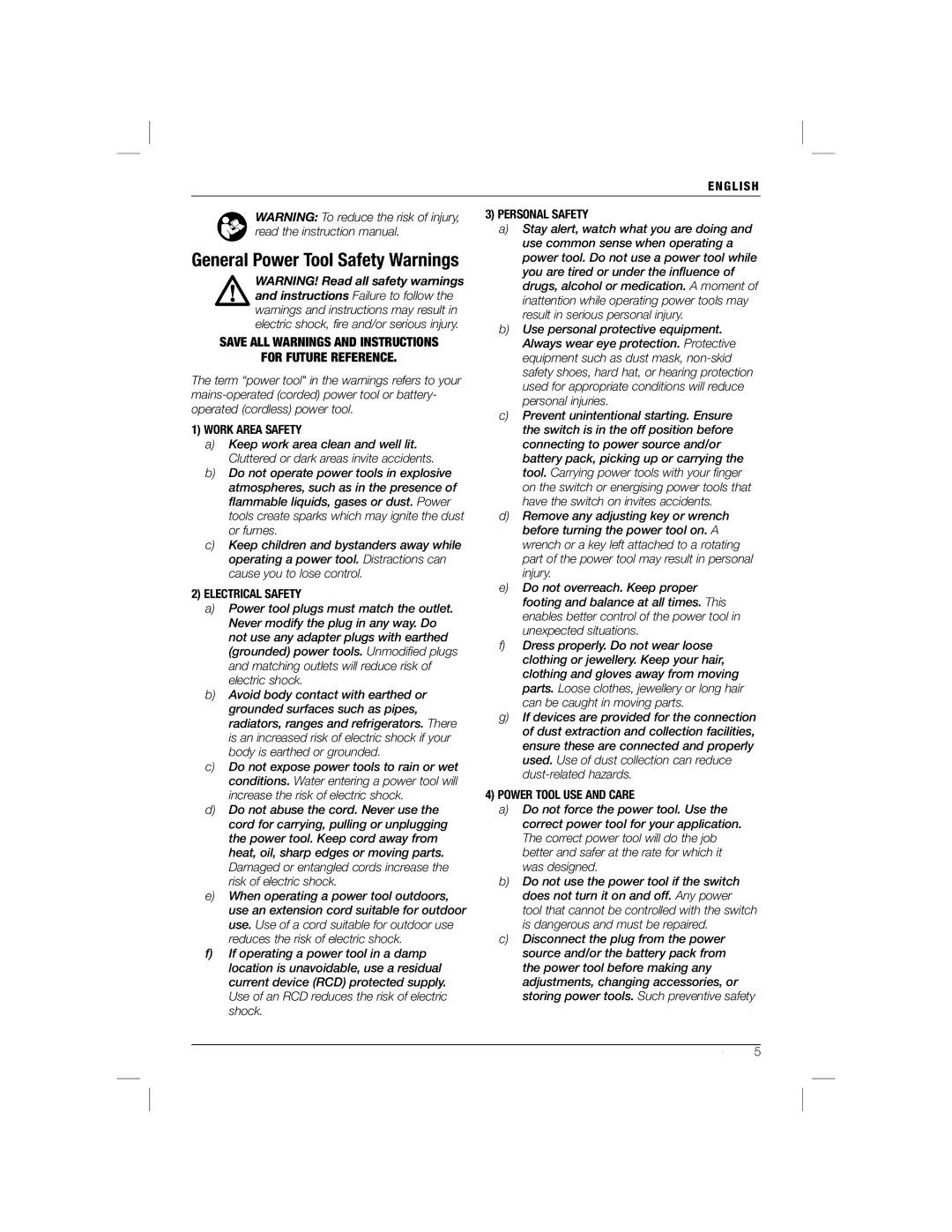 DeWalt DC825B manual General Power Tool Safety Warnings 