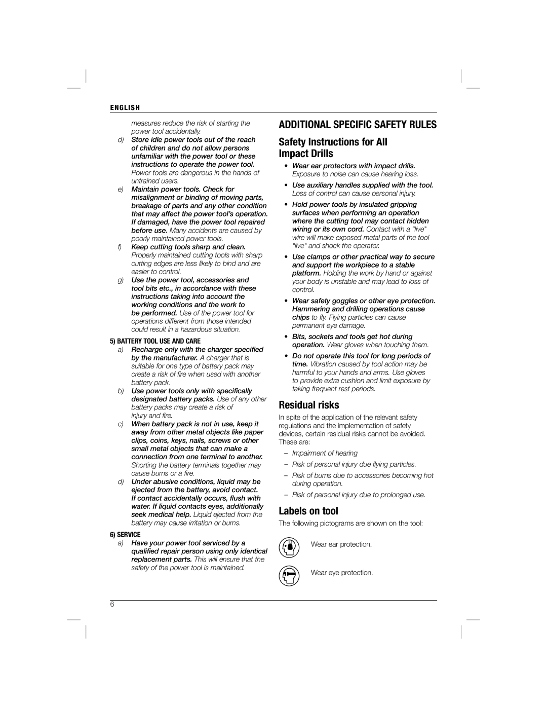 DeWalt DC825B manual Safety Instructions for All Impact Drills, Residual risks, Labels on tool 